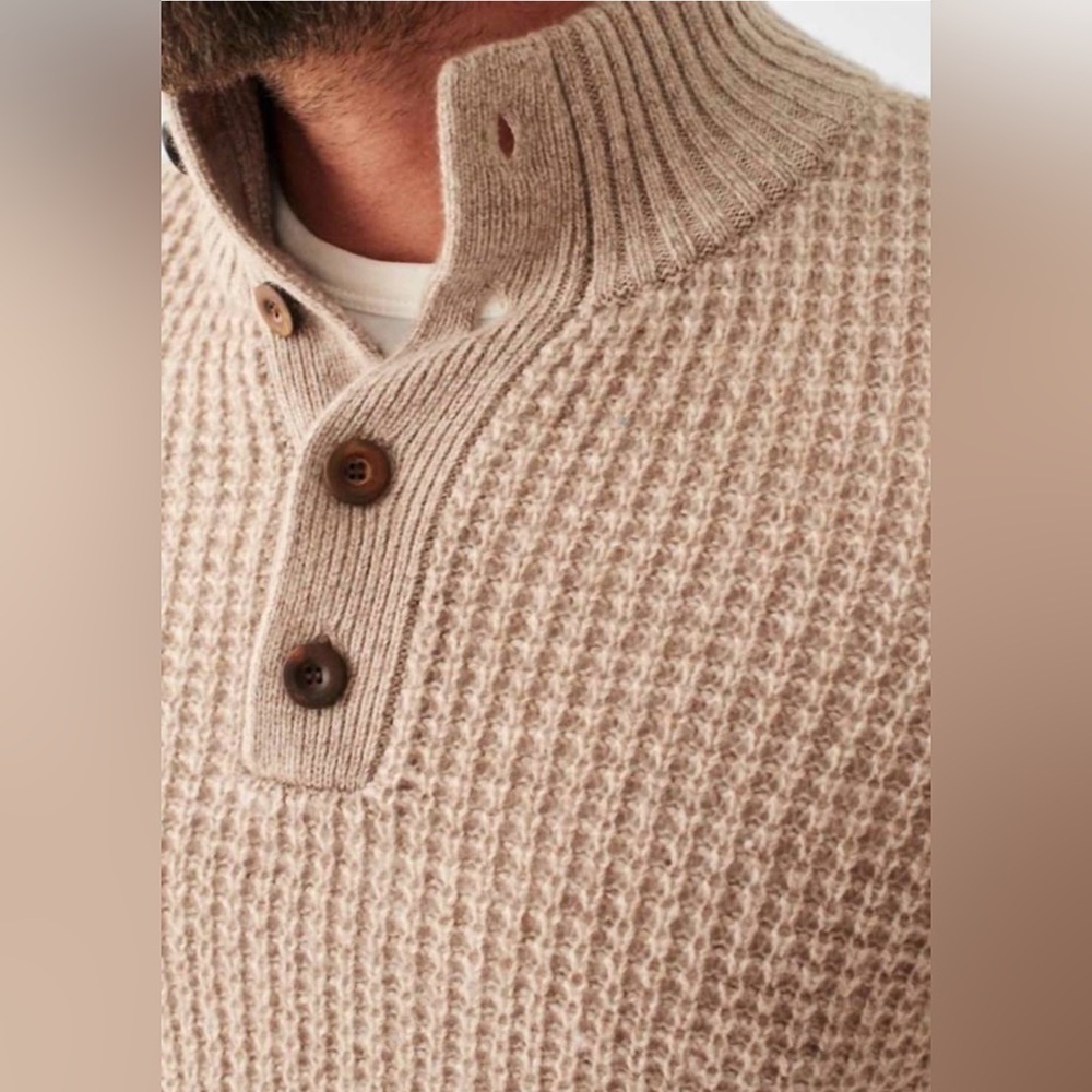 FAHERTY men's cashmere wool quarter button sweater in oatmeal marl tan Size XXL - Picture 2 of 14